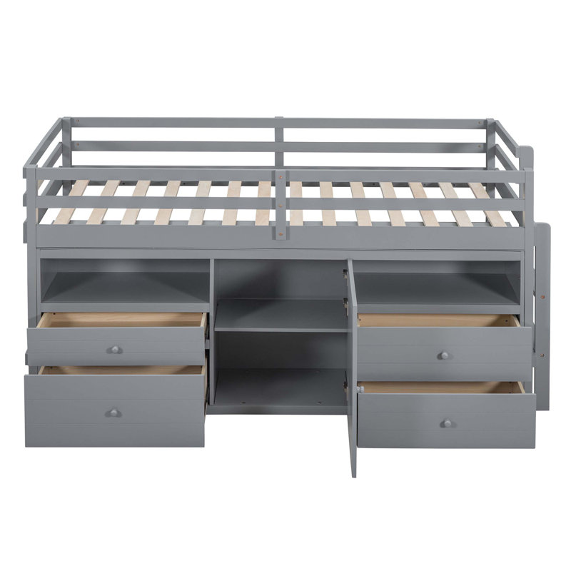 Lit mezzanine Katixa avec quatre tiroirs, une armoire et des tablettes pour une utilisation accrue de l'espace et un décor de chambre à coucher élégant