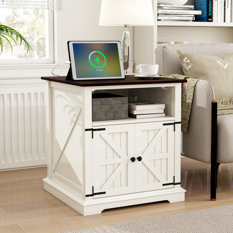 End Table With Charging Station, 24" Farmhouse Nightstand With Barn Door, White