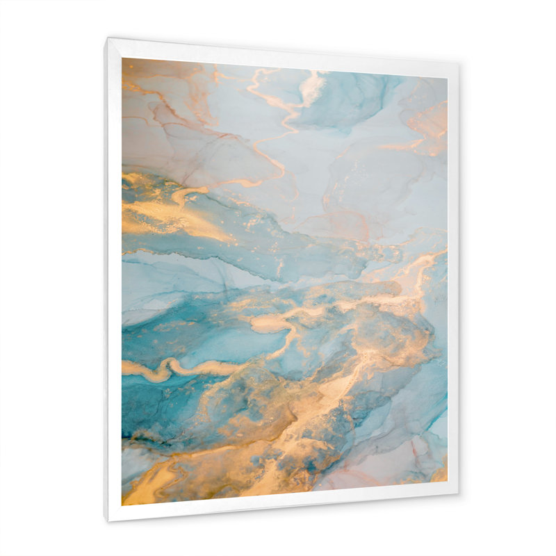 Turquoise luxueux et marbre doré II - peinture, H 12 po x l 8 po, Cadre photo blanc