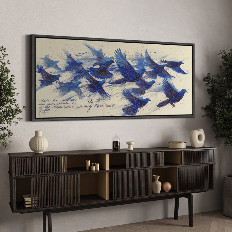 Animaux, vol élégant, oiseaux bleus vibrants, H 30 po x l 60 po, Noir, noir, noir, noir