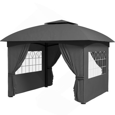 Outsunny 11' X 11' Outdoor Patio Gazebo With Curtains, Church Windows, Galvanized Steel Frame For Lawn, Backyard And Deck, Dark Gray