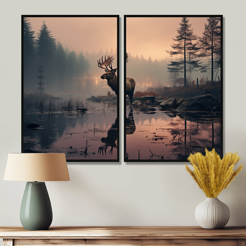 Orignal brun pêche, matin brumeux - décoration murale moderne bleue, H 36 po x l 48 po, Noir