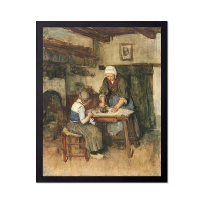 Intérieur avec femme repassant et cousant un enfant