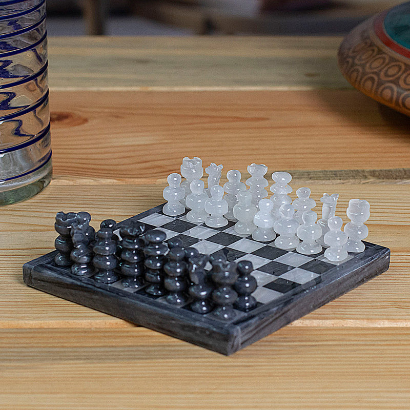 Grey and Ivory Challenge Mini Onyx and Marble Chess Set in Grey and Ivory
