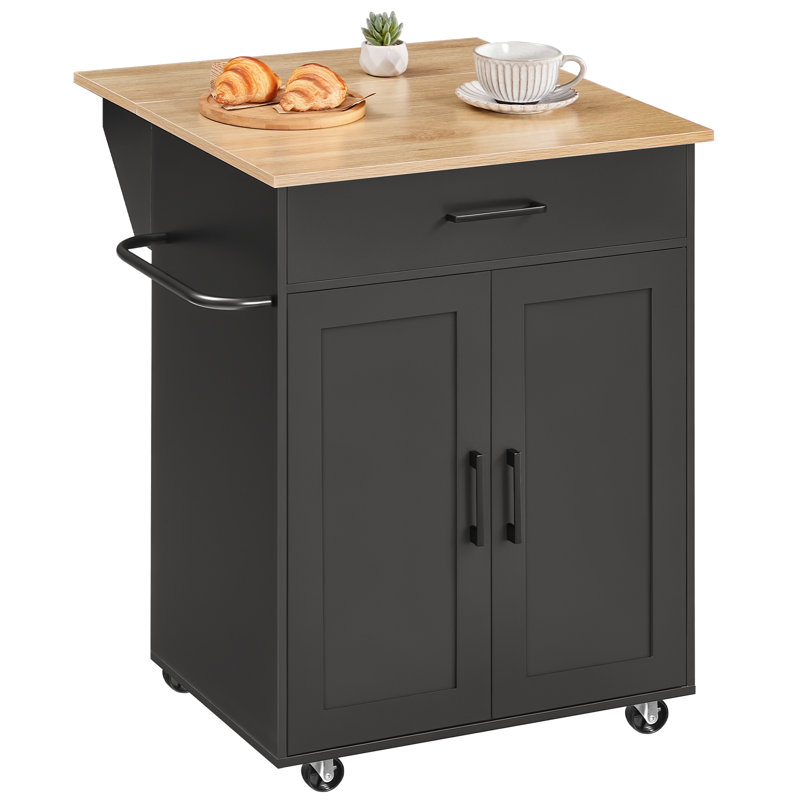 Insken 33.3" Rolling Kitchen Island Cart with Storage and Drop Leaf, Black/Yellow