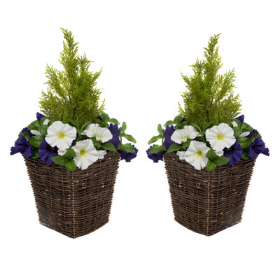 2 x Artificial White Petunias Rattan Patio Planters