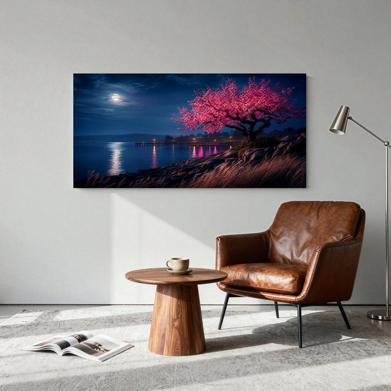 Arbre aux fleurs roses sur une rive rocheuse sous un ciel clair de lune - Tableau sur toile, 40"W x 20"H
