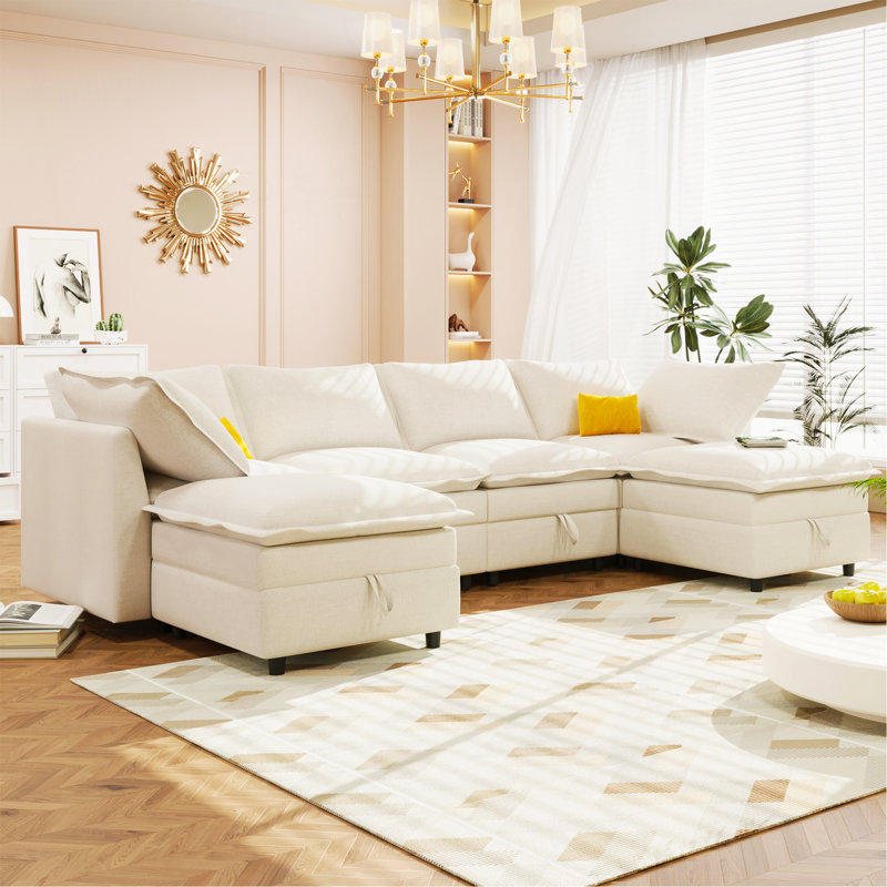 Canapé-lit modulaire polyvalent 6 pièces avec rangement, Polyester beige
