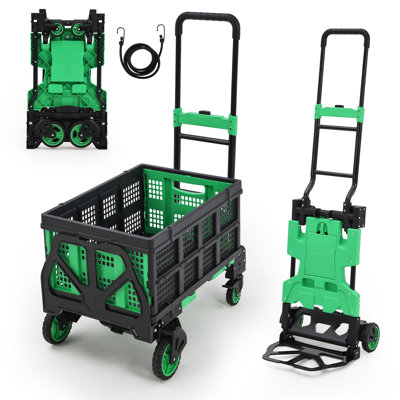 2-in-1 Folding Hand Truck Dolly with Collapsible Basket - Retractable Handle - 4 Wheels - 330lb Capacity Portable Flatbed Cart for Moving and Shopping