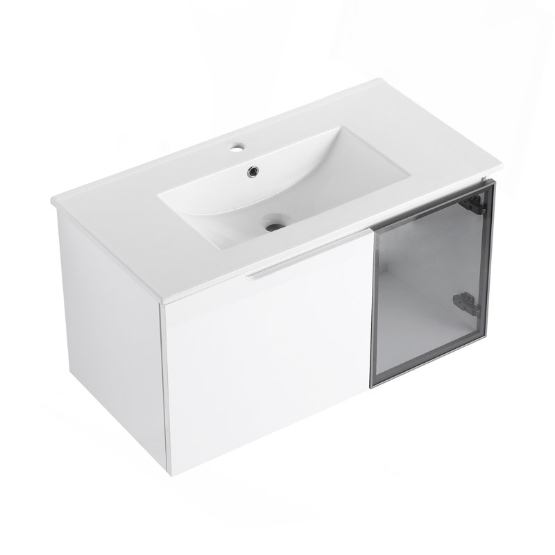 Meuble-lavabo mural 36 po avec lavabo en céramique, 2 portes à fermeture en douceur, meuble-lavabo blanc brillant et 1/2 porte en verre gris, contreplaqué