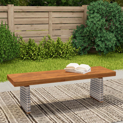 Durable Acacia Wood Outdoor Bench With Teak Finish And Wicker Legs, Perfect For Patio And Garden