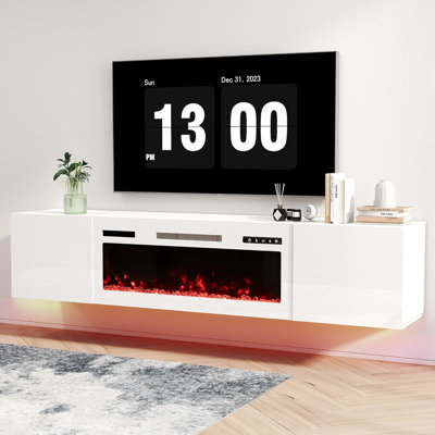 Meuble télé 70 po avec foyer électrique 36 po, centre de divertissement mural avec rangement, télécommande, foyer à DEL moderne pour téléviseur de 80 po ou moins, tout blanc