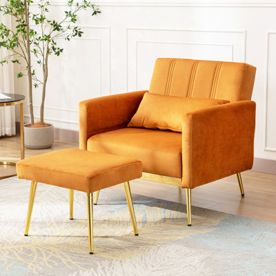 Fauteuil d'appoint rembourré en velours de 31 po de large avec coussin décoratif et repose-pieds Caretta