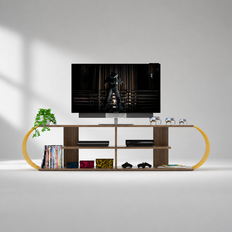 Meuble télé moderne du milieu du siècle avec quatre tablettes ouvertes et un grand espace de rangement pour le salon