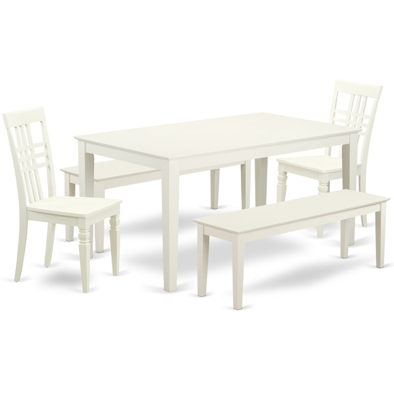 5 Piece Dining Room Table Set Includes a Rectangle Kitchen Table and 2 Dining Chairs with 2 Benches, Linen White