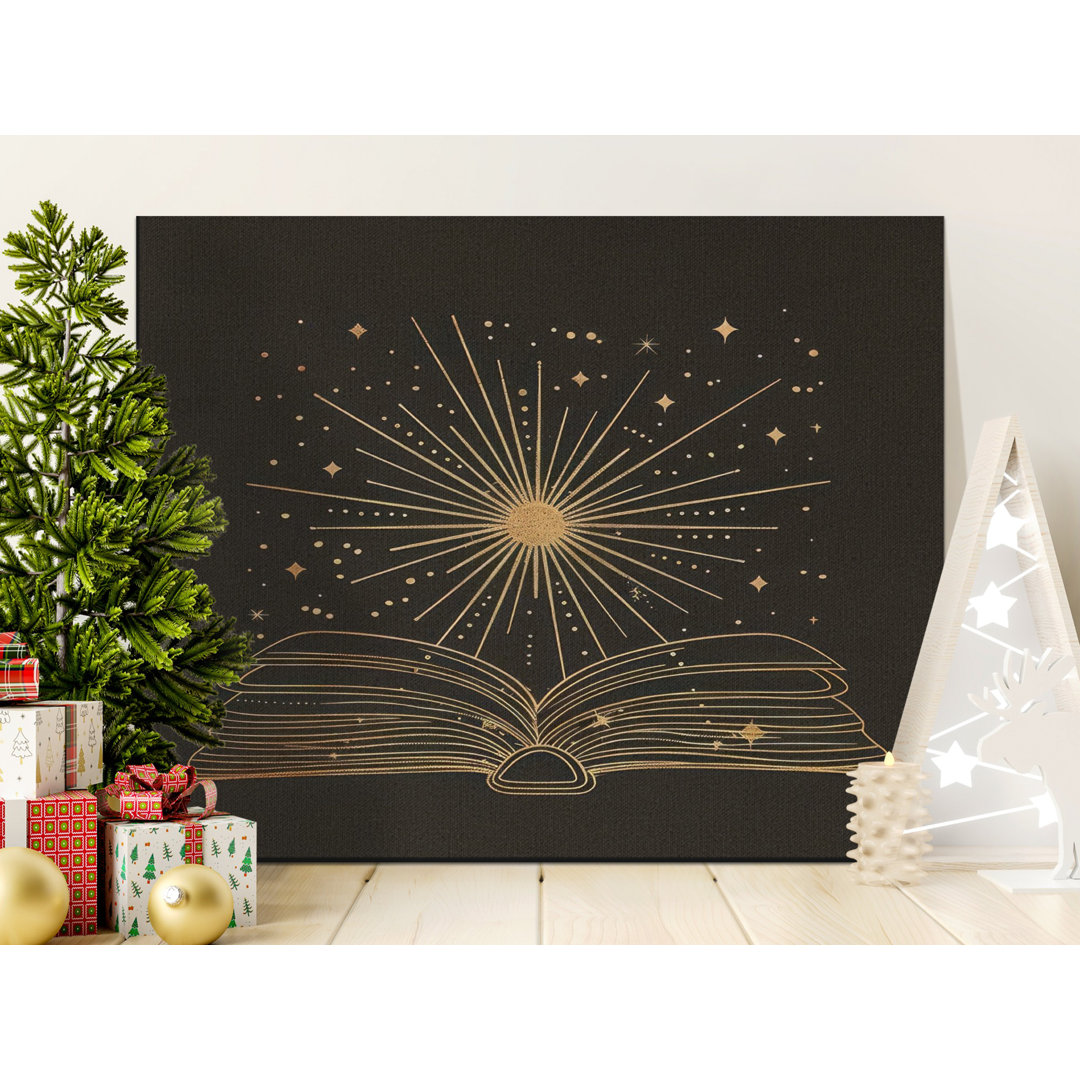 Celestial Open Book Canvas Wall Art, Mystical Faux Gold Sunburst & Stars Print, Witchy Aesthetic Decor, Spiritual Book Lover Gift, Dark