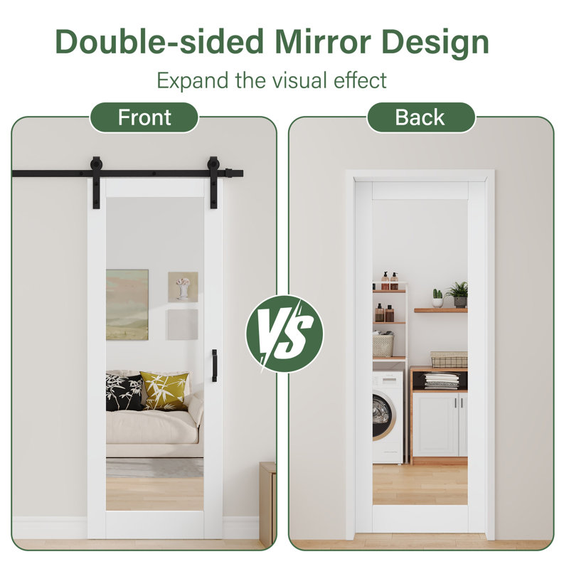 Full-Assembled Panel, 1-Lite Mirrored Barn Door Sliding Solid Wood White Primer Closet Bathroom Doors With Hardware Kit