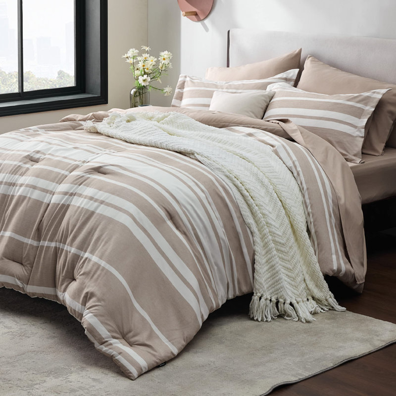 Bedsure Striped All Season Comforter Set, Mocha Meringue, Twin Comforter + 4 Additional Pieces