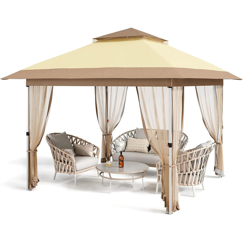 10x10 ft Pop-Up Canopy Gazebo with Mosquito Netting & Curtains, 2-Tier Vented Top, UPF 50+ UV Protection for Patio, Backyard, Party, Camping
