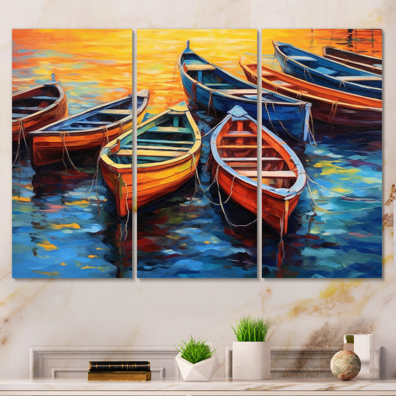 «Bateaux dans le port I», reproduction sur toile tendue de 3 pièces, H 32 po x l 48 po x P 1 po
