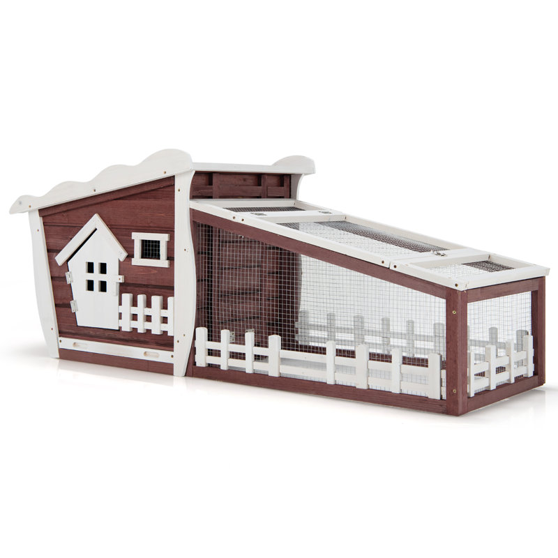Red and White Wooden Rabbit Hutch with Pull Out Tray