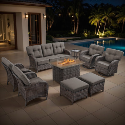 Harbor 9-Piece Outdoor Wicker Patio Furniture Sofa Set With 55,000 BTU Fire Pit Table, Swivel Chairs, Ottomans & Side Tables