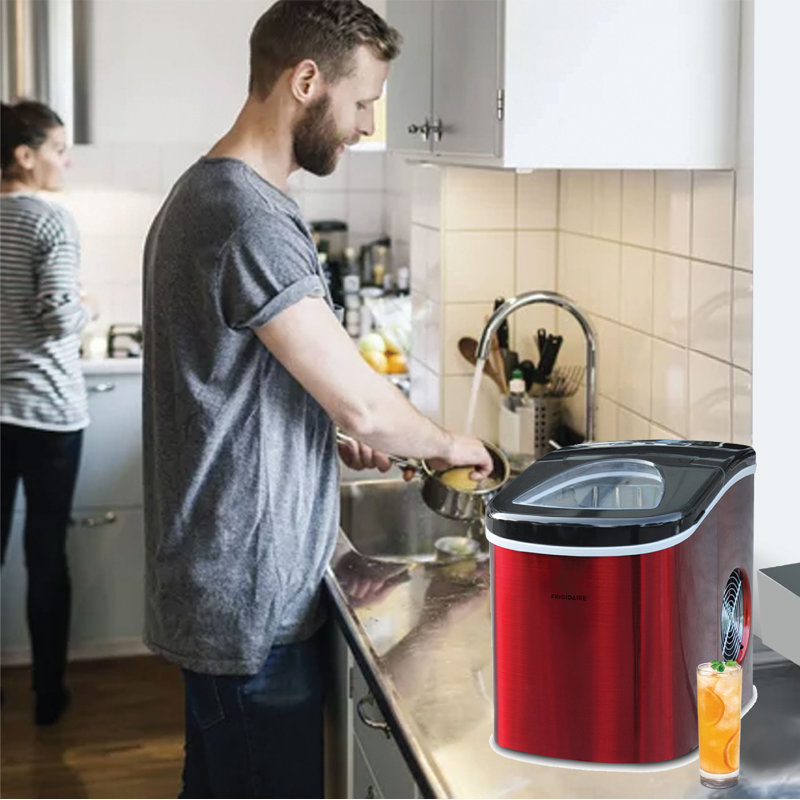 Ice Maker with 26 lbs. Capacity Countertop Stainless Steel Ice Maker with Transparent Window, Red Stainless