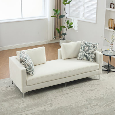 77.5" Ivory Chenille Slipcovered Chaise Lounge, Modern Oversized Sleeper Sofa Daybed with 4 Pillows, Armrest & Open Backrest for Living Room Guest Bedroom