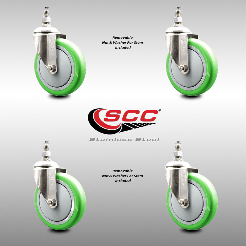 Ensemble de roulettes à tige filetée 5 pouces en polyuréthane 316SS de 5 pouces SCC, Vert