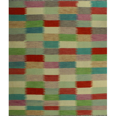Tapis vert / rouge / jaune en laine noué à la main de conception unique 8 pi 5 po x 9 pi 9 po Janadia