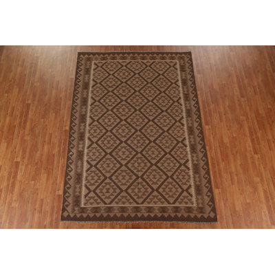 Tapis brun en laine noué à la main de conception unique 6 pi 9 po x 9 pi 7 po New Age