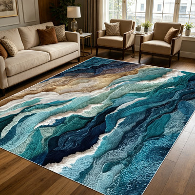 1PC Teal Navy Khaki Abstract Ocean Wave Art area rugs for Living Room, Soft and Comfortable, Suitable for all seasons, easy-to-maintain, machine washable Indoor floor mat, Under Table Farmhouse suitable for dining room, bedroom, kitchen, entryway,