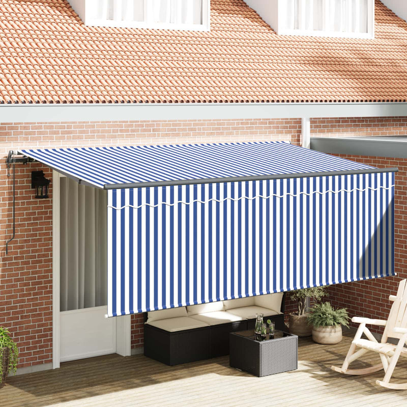 VidaXL Retractable Patio Awning, 165cm H x 350cm W x 200cm D, Blue/White/White