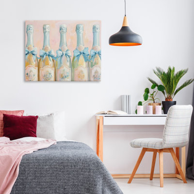 Pastel Blue Champagne Bottles Canvas, design by Petal Prints Design