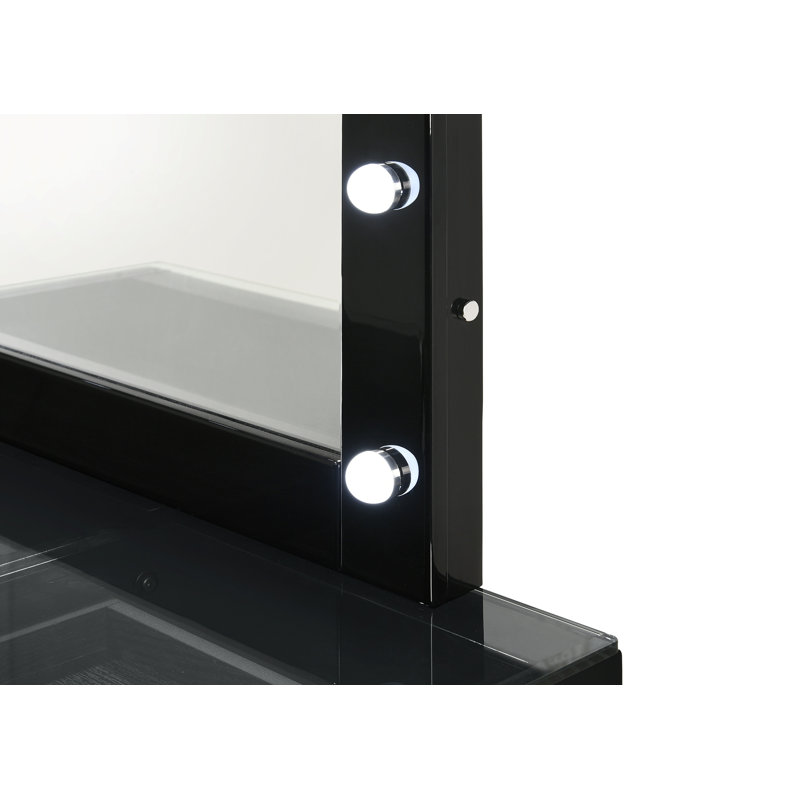 Miroir lumineux à DEL avec coiffeuse de maquillage noire 2 pièces avec 5 tiroirs, plateau en verre trempé de 8 mm, cristal, pour miroir de modernisation de chambre à coucher, contemporain