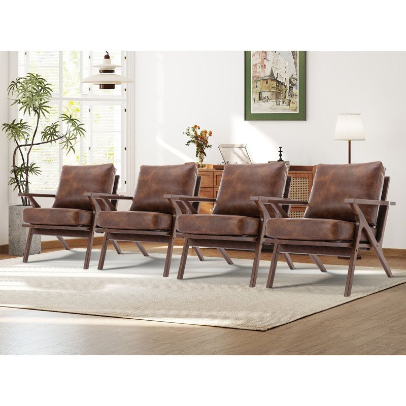 Joichiro 29.5" W Vegan Leather Upholstered Accent Chair with Solid Wood Frame, Brown, 4
