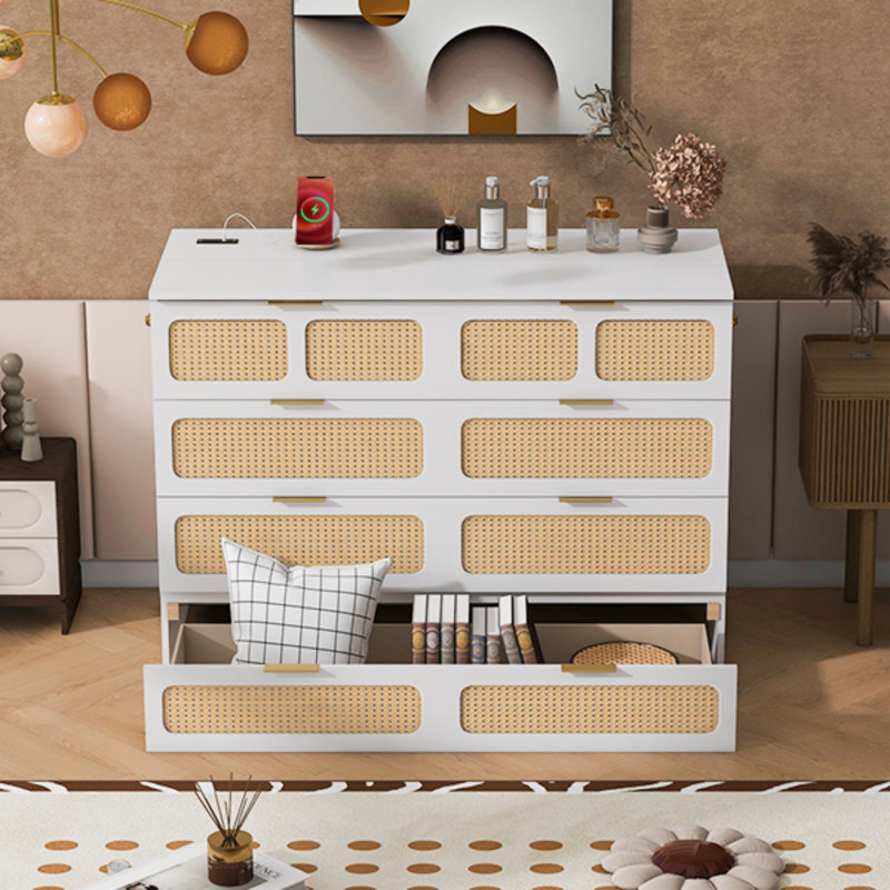 Drawer Murphy Bed Cabinet With Outlets, Full, White/Natural