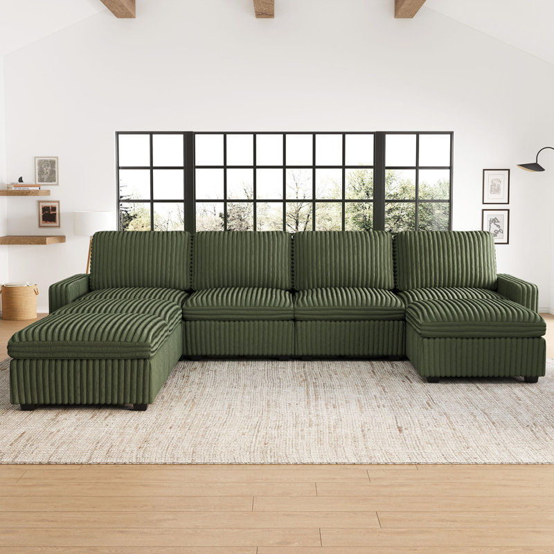 Wide U Shaped Sofa Storage Couch With Ottoman Chaise, Sectional Modular Sofa Livingroom Apartment Couch, Green Corduroy