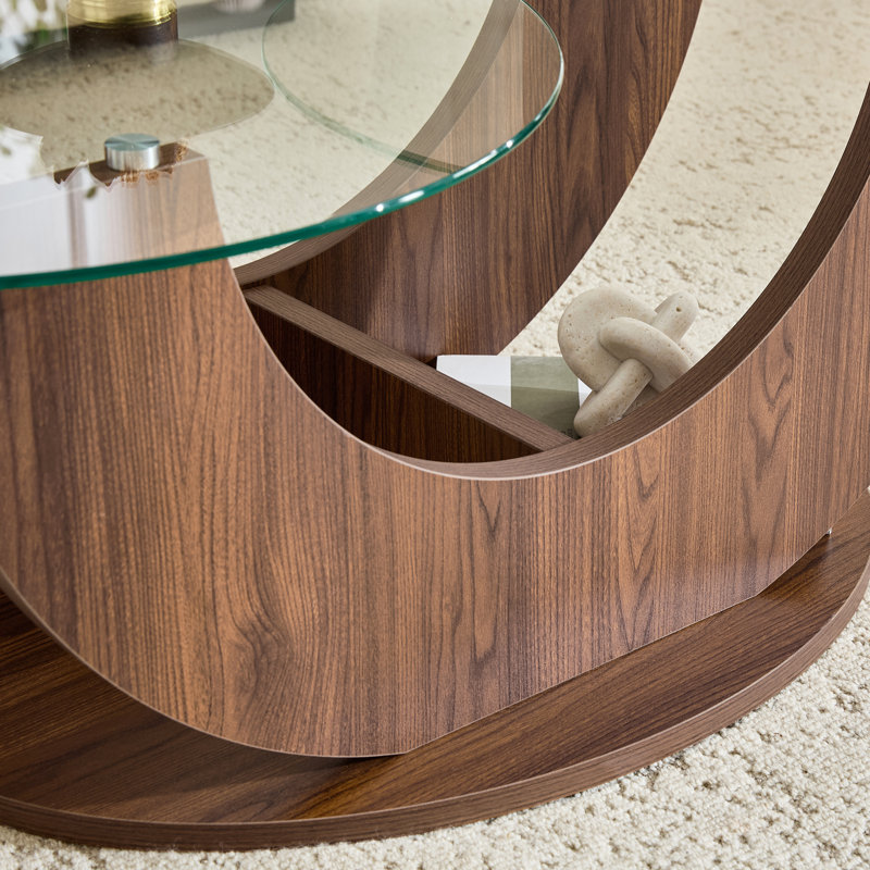 Table basse simple avec plateau en verre, Transparent / noyer
