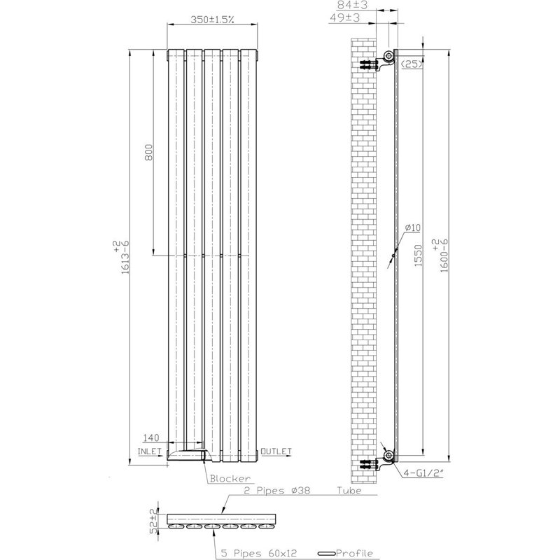 Designer Radiator, White, 62cm H x 13cm W x 3cm D