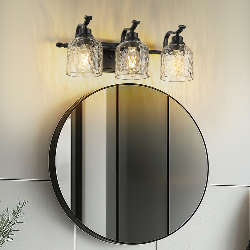 Abat-jour de salle de bain à 3 lumières en verre martelé, noir, Noir mat, Trois lumières, H 8,07 po x l 31,9 po x P 8,47 po