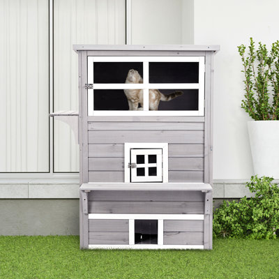 3-story Outdoor - Kitten Cat House In Grey. Raised Floor, Asphalt Roof. Windows, Escape Doors, Jump Platforms For Entertainment. Wood Build Cats Up To