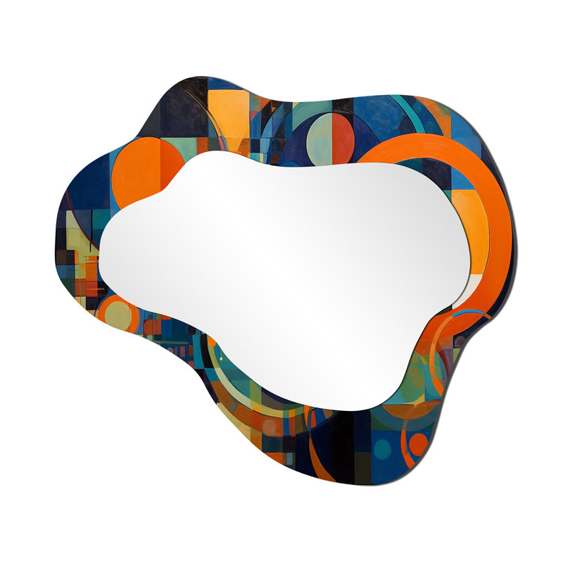 Orange Blue Geometry Unleashed II - Abstract Shapes Asymmetrical Wall Mirror, Orange Cloud Decorative Mirror, Printed Metal Art