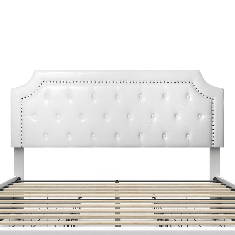 Jashod Bed Frame Upholstered Low Profile Platform Bed with Tufted Faux Leather Headboard, White, Queen