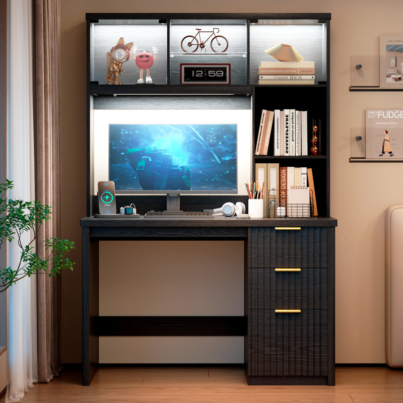 MDF Computer Desk with Built-In Electrical Outlet, Black