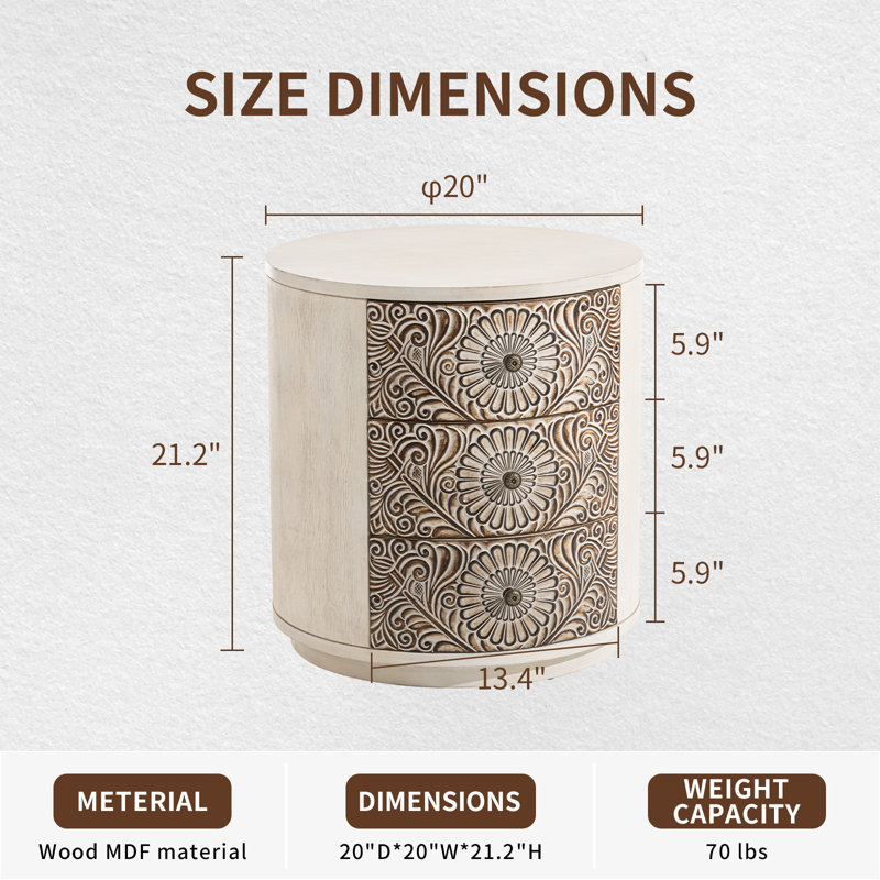20“ Carved Wooden Round Nightstand with Three Drawers, Individual