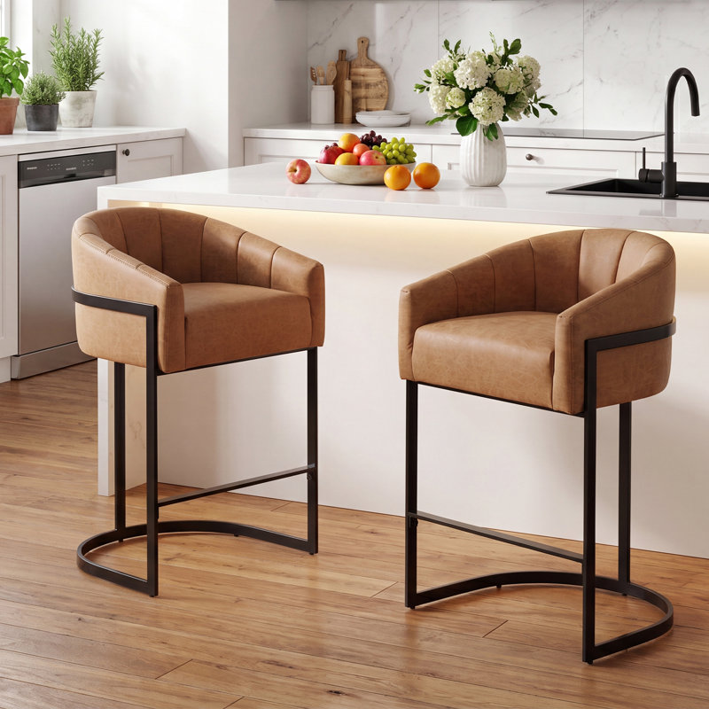 Sistrunk Modern Upholstered Bar Stools With Tufted Curved Back, Brown