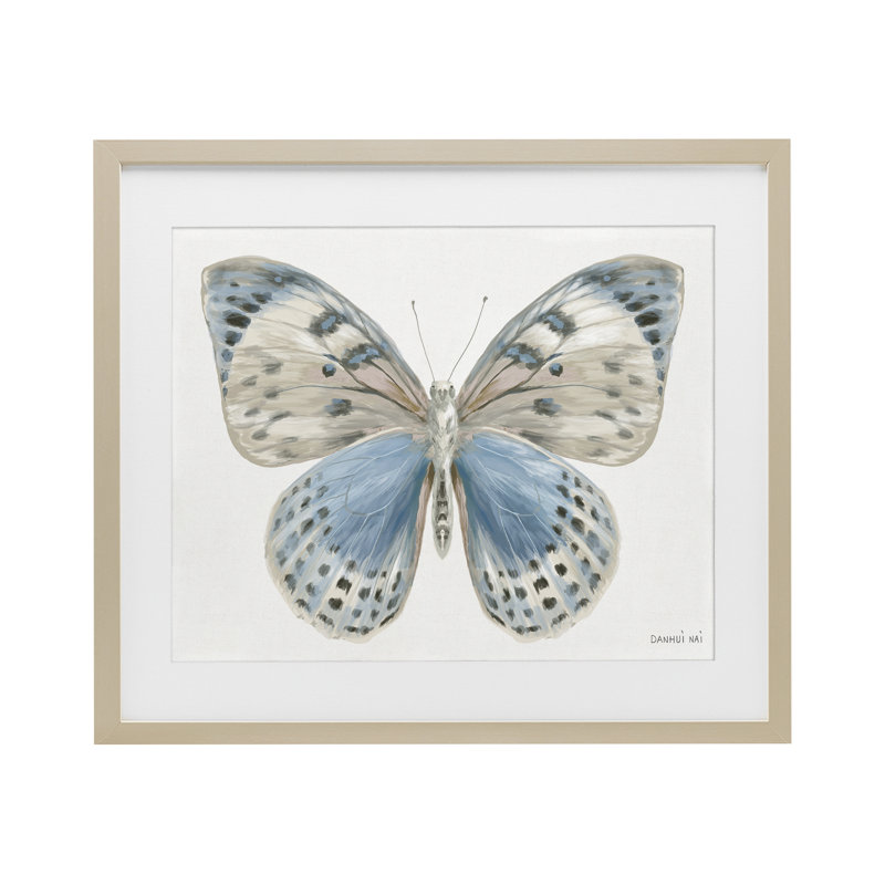 «Blue & White Butterfly», reproduction sous verre encadrée, par Danhui Nai, H 17 po x l 21 po, Cadre de récolte en pin
