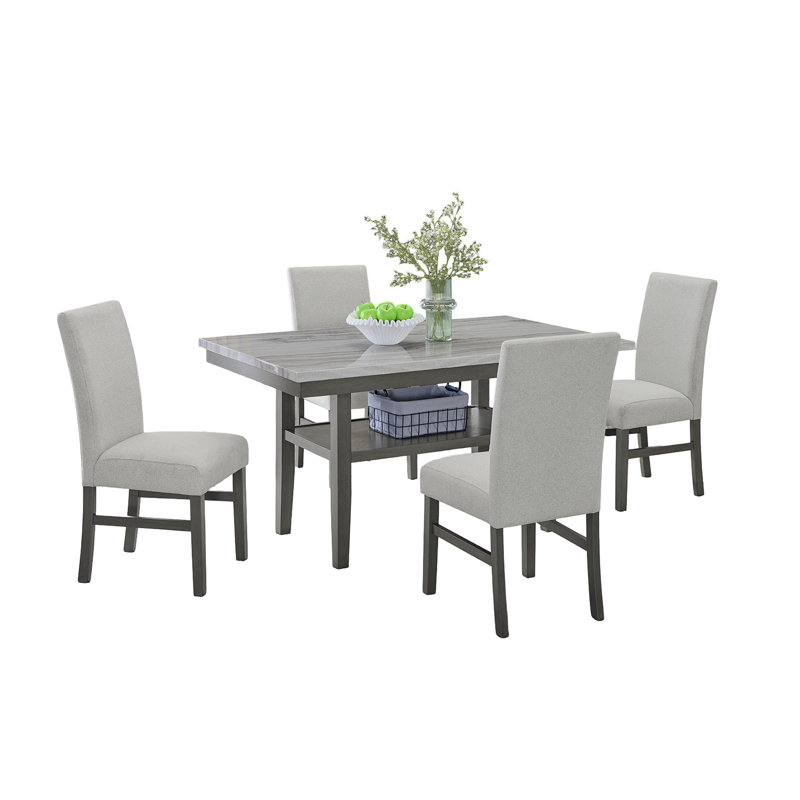 Selena 7-Piece 60" Rectangular Gray Dining Set With 6 Upholstered Chairs And Storage Shelf In Gray Finish
