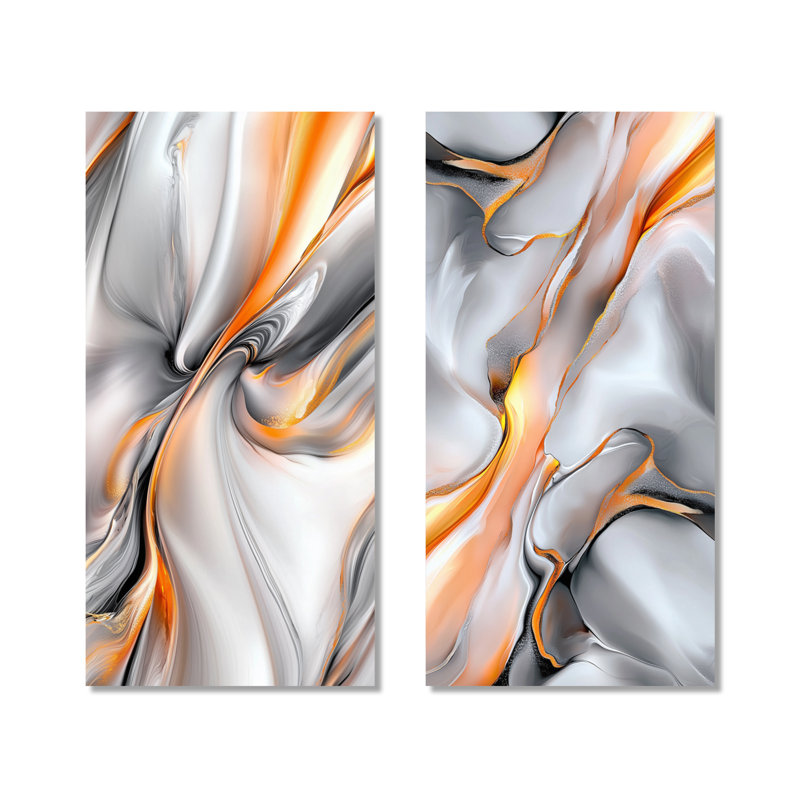 Marbre ascendant orange clair et gris - ensemble d'art mural moderne en métal sur 2 - imprimé sur métal, 32" H x 32" W